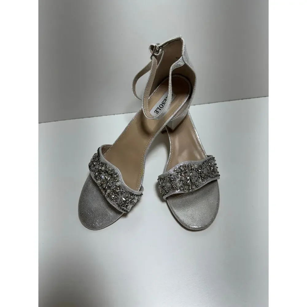 SheSole Women’s Open Toe Chunky Low Heels Silver Sequin Sz 41 US 10 Party